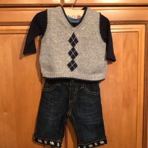 Boys 0-3 month onesie, jeans, & vest.